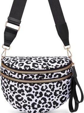 Leopard Print Crossbody Belt Bag Double Zip Wide Strap
